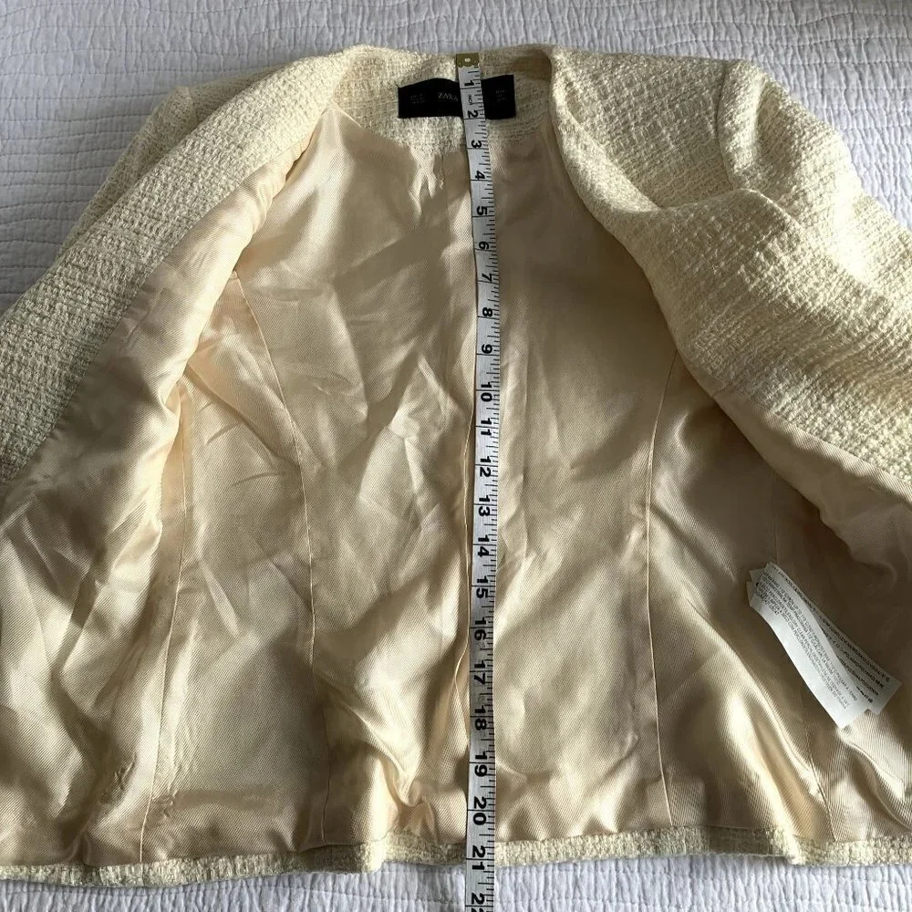 Zara Basic Open Front Long Sleeve Lined Blazer Jacket SZ XS Ivory Pockets
